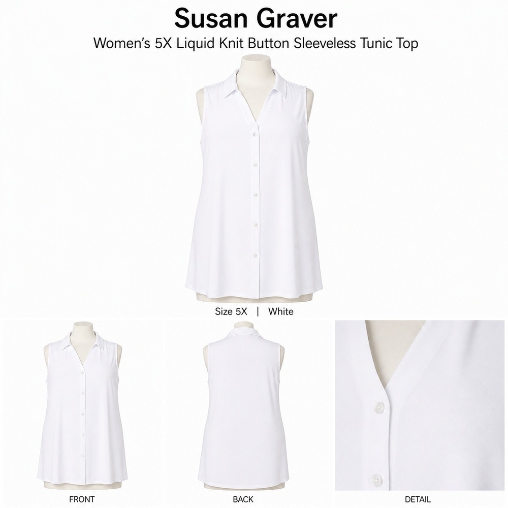 Susan Graver Liquid Knit Button Front Sleeveless Tunic Top White 5X A508716